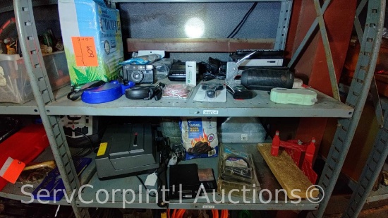 Lot on 2 Shelves of Cocotex Growing Media, Camera, Pet Leashes, Bluetooth Speakers, Tape Recorder,