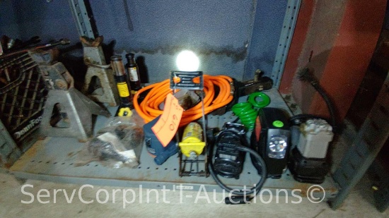 Lot on Shelf of Various Air Compressors, Air Hose, Jacks, Jack Stand, Hitches