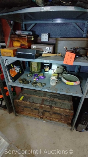 Lot on 3 Shelves of Various House Decor, Jewelry Box, Typewriters, Hope Chest, Sewing Kit, Cork