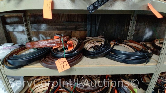 Lot on Shelf of Approximately 75 Belts & a Bag of Various Buckles: Bison, Buffalo, Shrunken Bull,