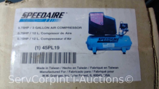 Lot on Shelf of Speedaire 3-Gallon Electric Air Compressor- New in Box, Packaging Damaged