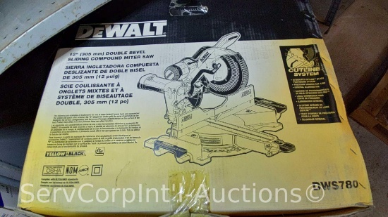 Lot on Shelf of Dewalt DW5780 12" Double Bevel Slide Compound Miter Saw- New in Box, Packaging
