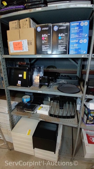 Lot on 4 Shelves of Various Desk & File Organizers, Keyboards, Toner Cartridges, Desk Accessories,