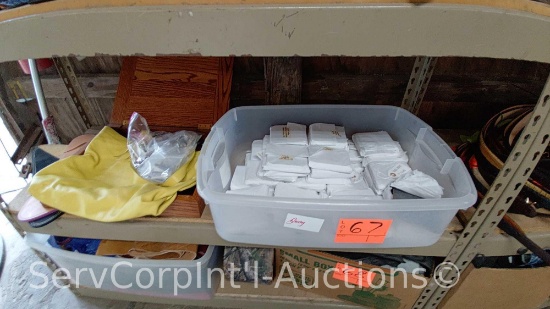 Lot on Shelf of Coasters, Tote Bag, Bag of Buckles, Belt Tips, Jewelry Box