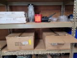Lot on 2 Shelves of LED Umbrella Lights, Vase, Utensils, Bowls, Sugar Caddies, Drink Pitchers