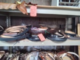 Lot on Shelf of Approximately 71 Belts & a Bag of Various Size Buckles: Shark, Alligator, Horn Back