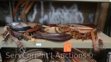 Lot on Shelf of Approximately 77 Belts & a Bag of Various Buckles: Elk Skin, Buffalo, Bison, Italian