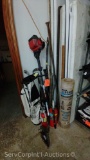 Lot of Axes, Golf Clubs, Fire Extinguishers, Craftsman Weed Trimmer, Replacement Handle, Pry Bars