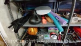 Lot on 3 Shelves of Pool Noodles, Life Jacket, Float, Badminton Rackets/Net, Basketballs, Dice,