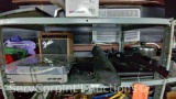 Lot on Shelf of Fender Acoustic Amp, Audio-Technica Turn Table, Music Instrument Stands