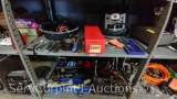 Lot on 2 Shelves of Various Floor Jacks, Lug Wrenches, Oil Funnels, Tow Hooks, Oil Wrenches, Oil
