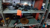 Lot on 2 Shelves of Various Pots, Pans, Cheese Graters, Pizza Pan, Cookie Sheet, Cake Pan