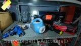 Lot on Shelf of Proctor Silex Microwave, Blow Dryer, Portable Handheld Vacuumss