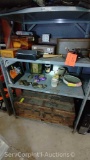 Lot on 3 Shelves of Various House Decor, Jewelry Box, Typewriters, Hope Chest, Sewing Kit, Cork