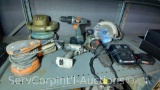 Lot on Shelf of Electric Ridgid Sander, Electric Circular Saw, Electric Hyper Tough Grinder, Hart