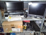 Lot on 2 Shelves of Various Monitors, HP Printer, Keyboards, Mouse, Fax Modem