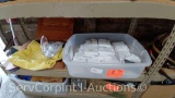 Lot on Shelf of Coasters, Tote Bag, Bag of Buckles, Belt Tips, Jewelry Box