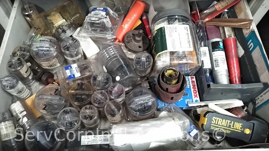 Metal Cabinet with Hole Saws, Sand Paper, Car Wax, Etc.