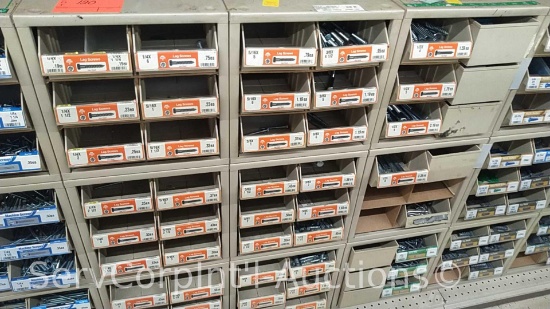 Lot of 3 Stacks of Screw Bins with Contents: Various Lag Screws, Drive Pin Anchors, Hex Nuts, Wood