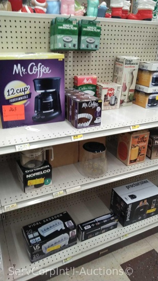 Lot of Various Coffee Filters, Mr. Coffee 12-Cup Coffee Pot, Replacement Decanters, Hand Blender,