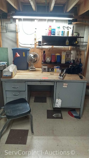Lot of Metal Desk with Contents: Metal Stand, Various Flash Lights, Screws, Umbrellas, Penetrant