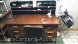 Lot of Wooden Desk with Contents, Various Pencils, Pens, Double Window Envelopes, Umbrella,