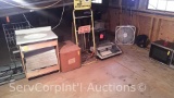 Lot of Various Display Stands, Box Fans, Bathroom Sink, O'Keefe Microwave, Sears Mimeo Printer,