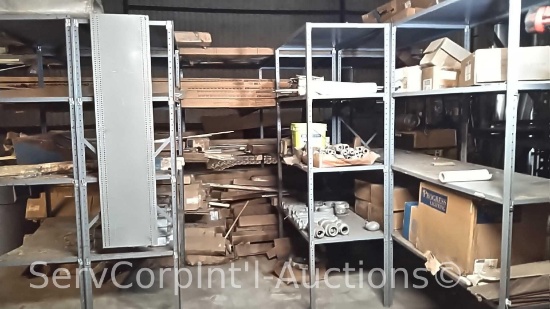 Lot on Shelving of Various Ceiling Fan Blades, Clear Texan Bulbs, Plug Molds, Electric Outlet Boxes,