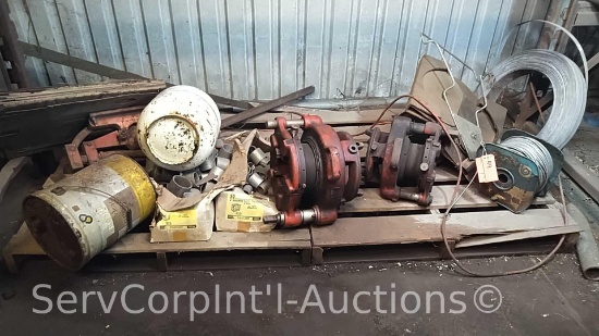Lot on 2 Pallets of Various Ridgid Pipe Thread Heads, Propane Tank, Banding Strap, Couplers & Pipe