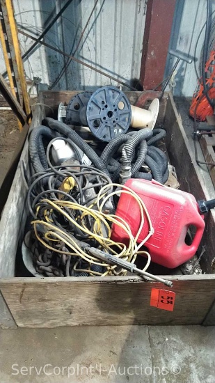 Crate Box with Contends of Scrap Wire, Gas Can, Sump Pump, Discharge Hose