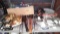 Lot on Shelf of Wall Clock, Beverage Spigots, Spatulas, Tongs, Cookie Cutters, Lawn Chair Re-Web Kit