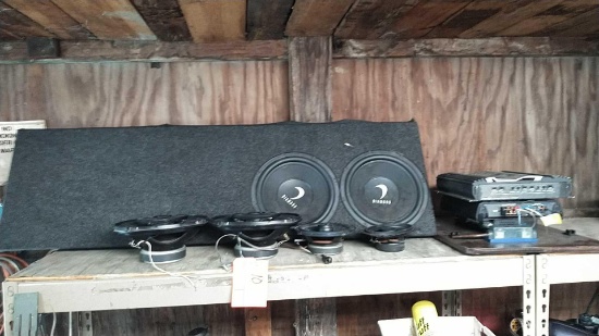Lot on Shelf of 10" Diamond Subwoofers, 6"x9" Speakers, Alpine V12 Amp, Alpine V Power Amp, Nemesis