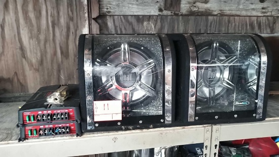 Lot on Shelf of Dual Illuminete 10" Subwoofers, 2 Pioneer 1000-Watt Amps
