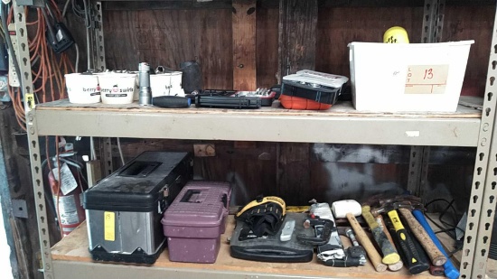 Lot on 2 Shelves of Various Sockets, Drill Bit Tips, Ratchet Socket Sets (May Be Missing Pieces),