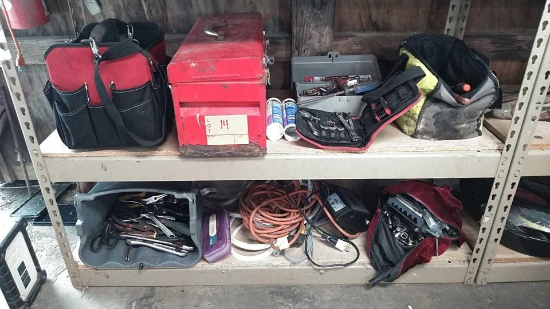 Lot on 2 Shelves of Screw Drivers, Wrenches, Pliers, Ratchets, Sockets, Liquid Nail, Caulk, Light