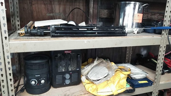 Lot on 2 Shelves of Skillet, Pot, Tripod, Hair Dryers, Lamps, Belt, Personal Heaters, Furniture