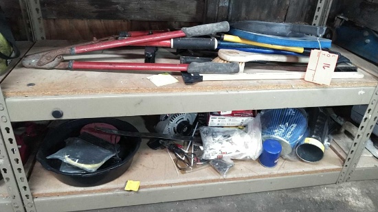 Lot on 2 Shelves of Hedge Trimmers, Branch Loppers, Machetes, Oil Drain Pan, Alternator, Fresh Air