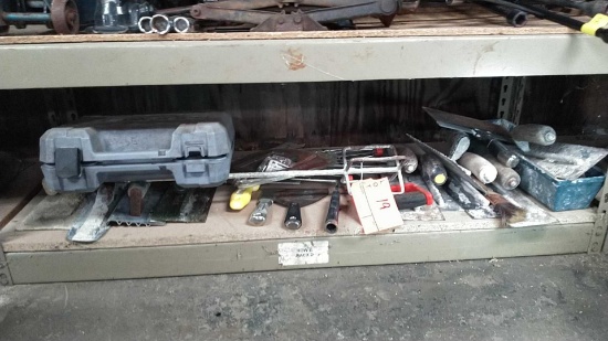 Lot on Shelf of Various Cement Trowels, Flooring Trowels, Drywall Knives, Paint Roller Frames,