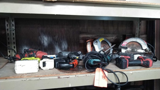 Lot on Shelf of Electric Circular Saws by Skil, Chicago Electric and Black & Decker, Makita Electric