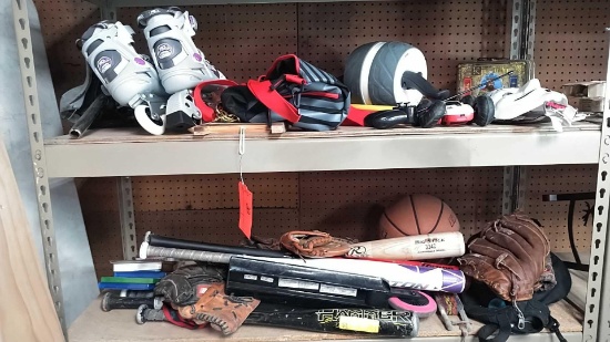 Lot on 2 Shelves of Various Baseball Bats, Baseball Gloves, X-Box/PS4 Games, Roller Blades, Bicycle