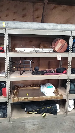 Lot on 5 Shelves of Large Throw Rug, Wall Mount Hangers, Window Blinds, Mirror, Bird House, Picture