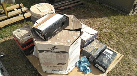 Lot on Pallet of 4x12 Ice Beveled Tile, Air Hawk Turbine Ventilator, Homes Decorators 62" Ceiling