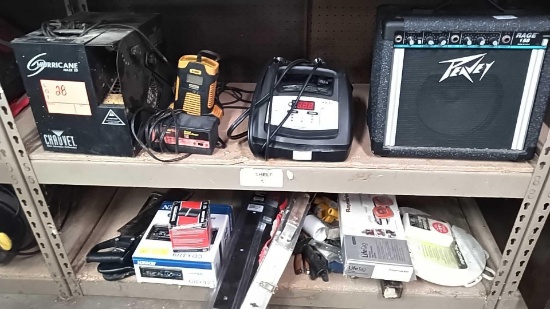 Lot on 2 Shelves of Hurricane Haze Fog Machine, Peavy Amp, Miter Saws, Car Stereo, Bubble Box Bucket