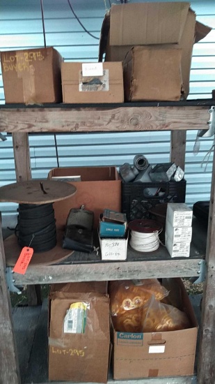 Lot on 3 Shelves of Various Electrical Boxes, Electrical Hangers, Electrical Blocks, Electrical PVC