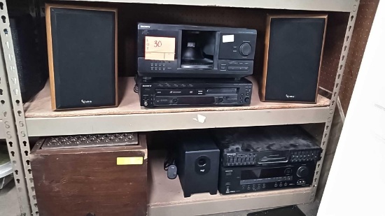 Lot on 2 Shelves of Sony CDP-CX235 Compact Disc Player, Sony RCD-W500C Compact Disc Recorder,