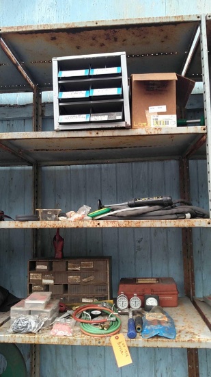 Lot of 3 Shelves of Nut & Bolt Bin, Water Hose, Air Pump, Thermometers, Rawl Plug Kits, Torch Hoses,