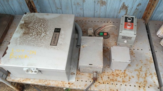 Lot on Shelf of GE Electric Control Box, Start/Stop Switches, Junction Box, Disconnect Box