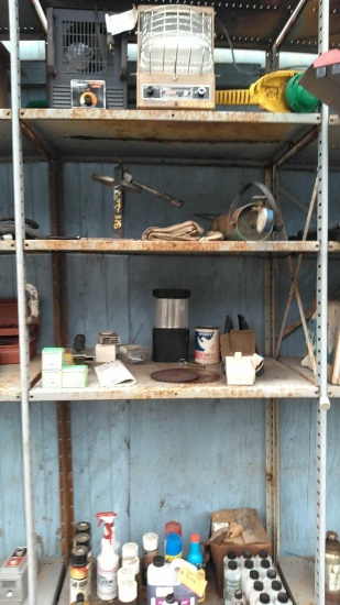 Lot on 4 Shelves of Electric Space Heaters, Electric Weed Trimmer, Paint Can Top Press, Coin Bags,