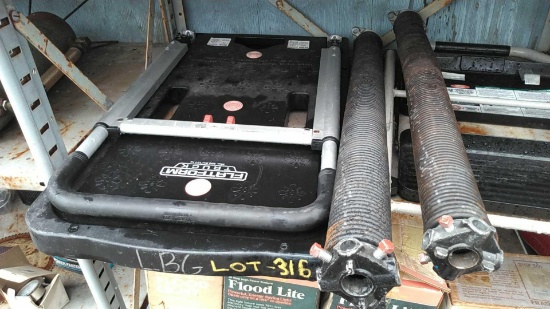 Lot on 2 Shelves of Platform 4-Wheel Dolly, Step Ladder, Garage Door Springs, Shop Light, Propane