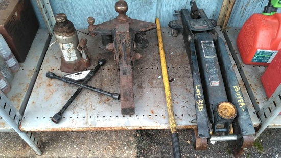 Lot on Shelf of Craftsman 3-Ton Floor Jack, 12-Ton Hydraulic Bottle Jack, Leg Wrench T-Bar, Receiver